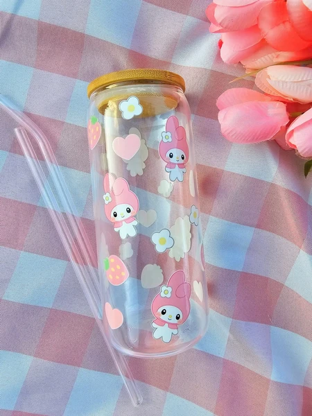 Cute Melody Bunny Glass Cup with Bamboo Lid and Glass Straw