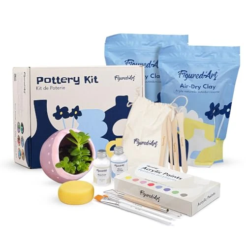 Figured'Art Kit de Poterie Adulte avec Argile Premium Autodurcissante 2kg Sans Cuisson pour Débutants, Séchage à l'Air Libre. 100% Prêt à l’Emploi avec Outils, Peintures, Pinceaux, Vernis &amp; Tutoriels