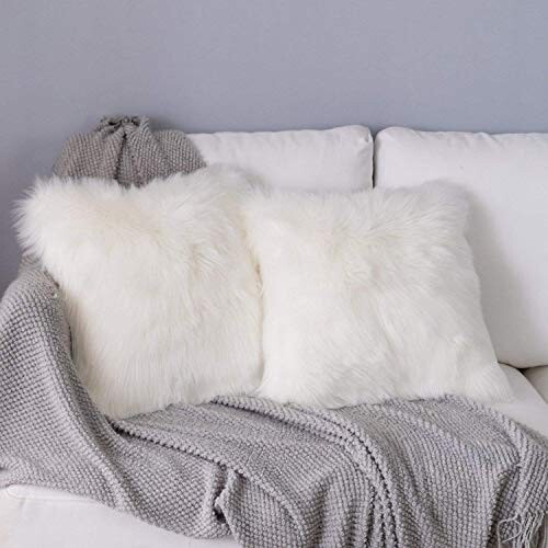 DQMEN 2Pcs Housse de Coussin, Fausse Fourrure Deluxe Décoratif Canapé Chambre Lit Super Doux Peluche Mongolie Taie d'oreiller (2Pcs Blanc, 45 x 45cm)