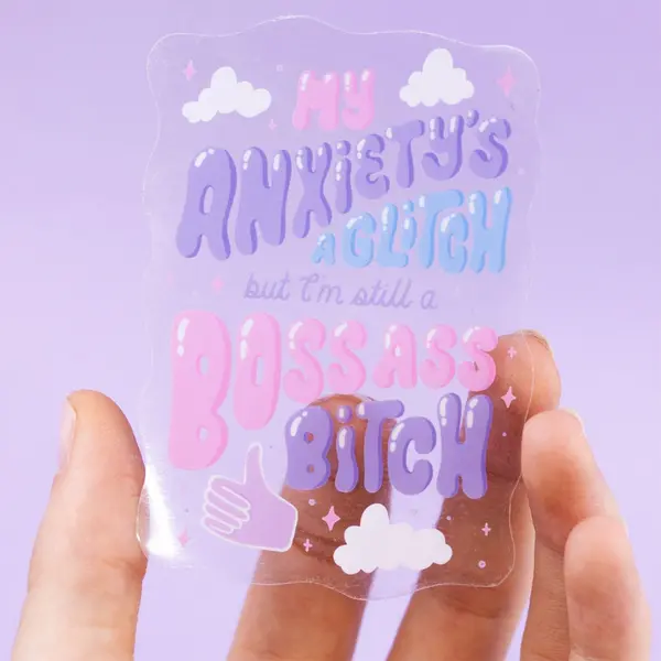 My Anxiety&#39;s a glitch sticker | anxiety mental health | badass woman lettering | motivational transparent water bottle sticker inspiring