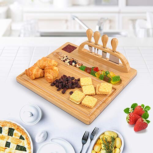 Utoplike Plateau à fromage en bambou et plateau de service avec couteau