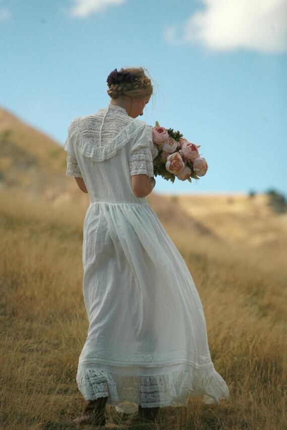 Linen maxi dress victorian inspired neckline