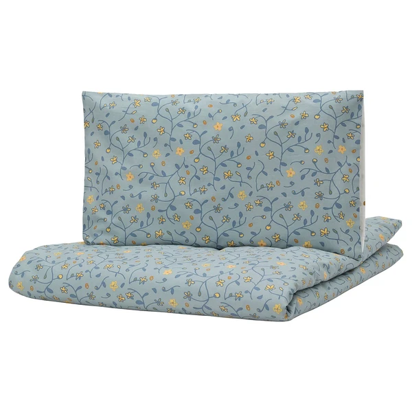 GULDVÄVARE Housse couette+1 taie pour lit bébé - bleu/blanc motif floral 110x125/35x55 cm
