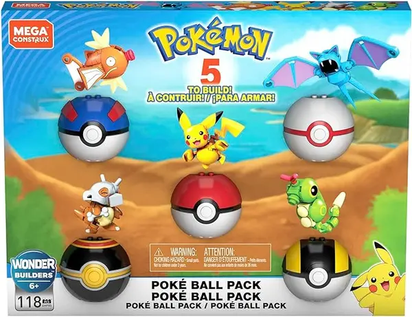 MEGA Coffret de Construction 5 Poké Balls exclusif de 5 figurines Pokémon, avec des picots sur le dessus et à l’intérieur pour exposer la figurine, Jouet Enfant, Dès 7 ans, GHP85