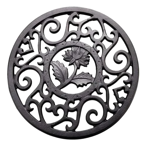 Dessous de Plat en Fonte Sculptée Vintage, Support en Métal Isolant Thermique Antidérapant de Théière, Tapis Ferronnerie avec Pieds Protège Table pour Salle à Manger Idée Noël Déco (Noir Rond 11.5cm)