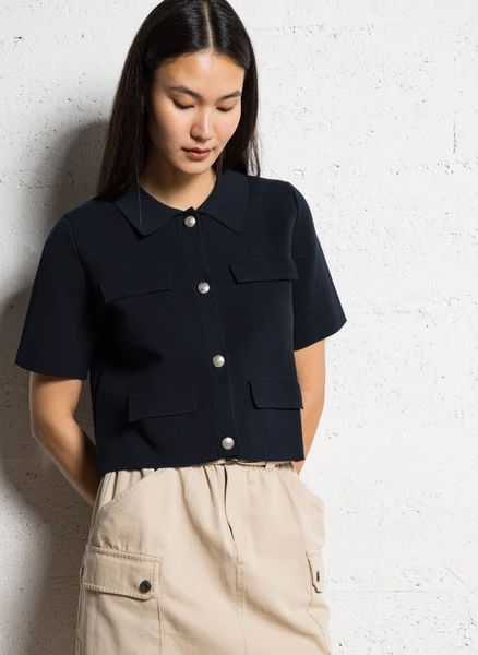 CARDIGAN COURT BOUTONNé EN COTON BLEU MARINE IKKS - FEMME | Place des Tendances
