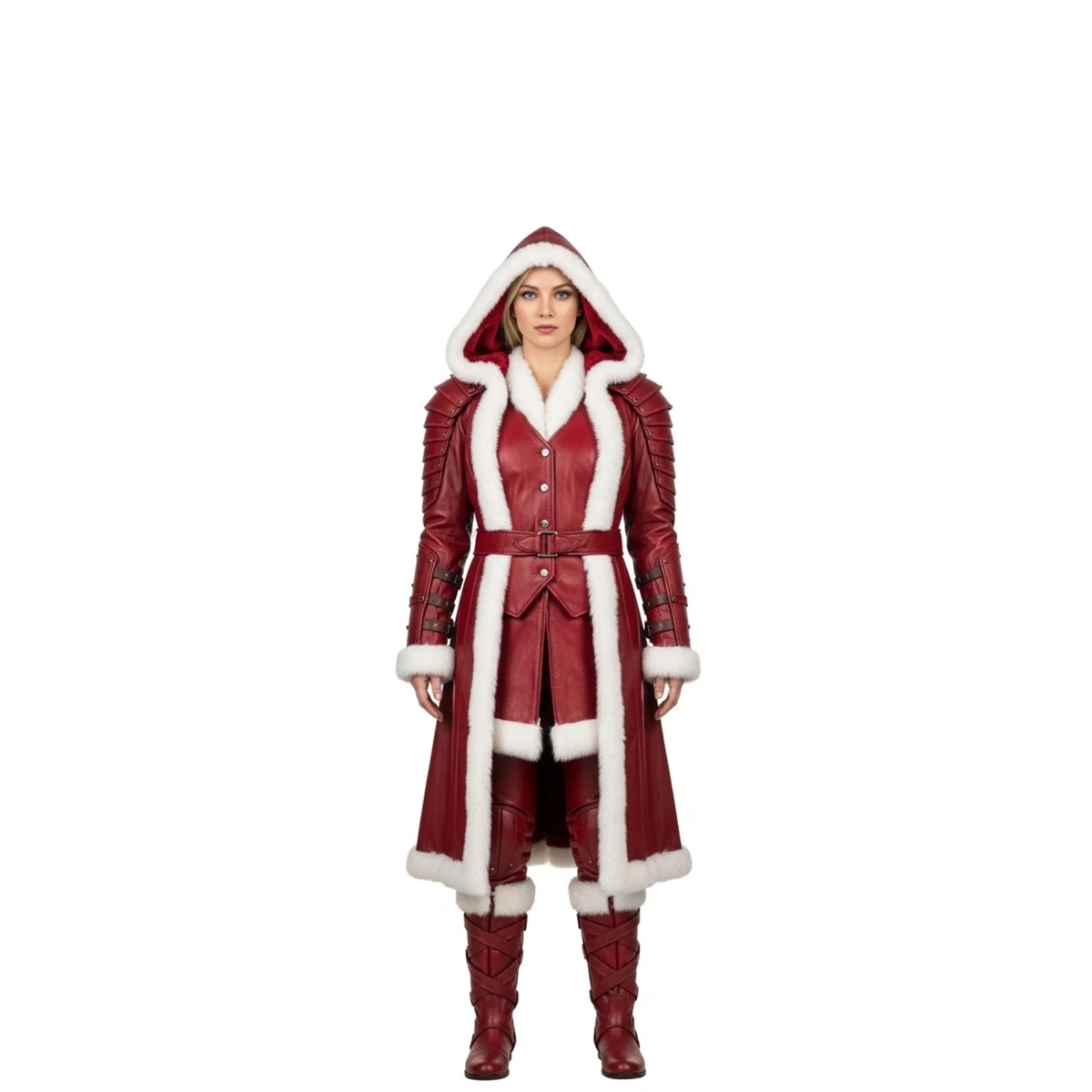 Leather Hooded Coat with White Fur Trim for Women - Fantasy LARP Outfit - Renaissance Festival Costume