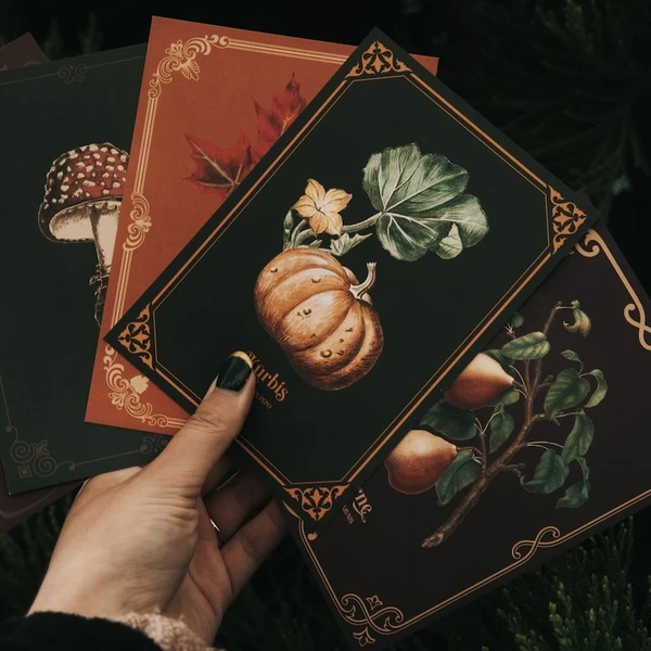 Set de cartes postales automne 5 cartes postales - citrouille érable châtaignier poire champignon