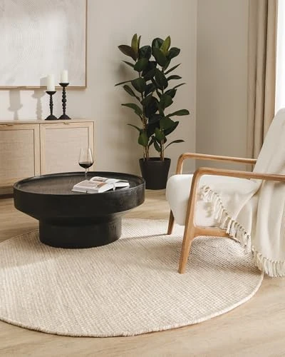 Benuta Pure Tapis en laine Rocco - Crème 100 cm rond - Tissé à la main - Style : laine, uni, bohème, hygge, cozy - Facile d'entretien