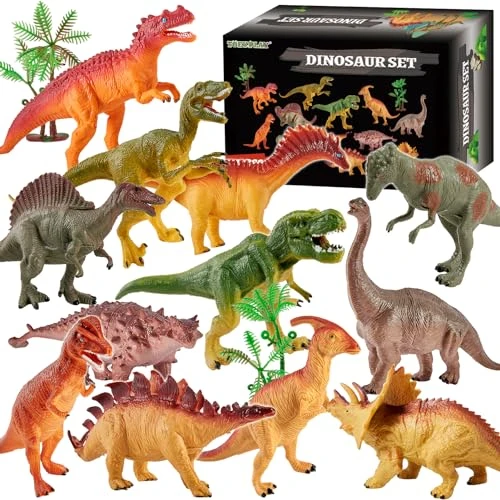 TOEY PLAY 12PCS Gros Figurine Dinosaure Enfant 3 4 5 Ans, Dinosaure Jouets Realiste, Dinosaures Figurines avec Arbres, Tyrannosaure Rex, Triceratops, Jeux Éducatifs Cadeaux pour Garçons Filles