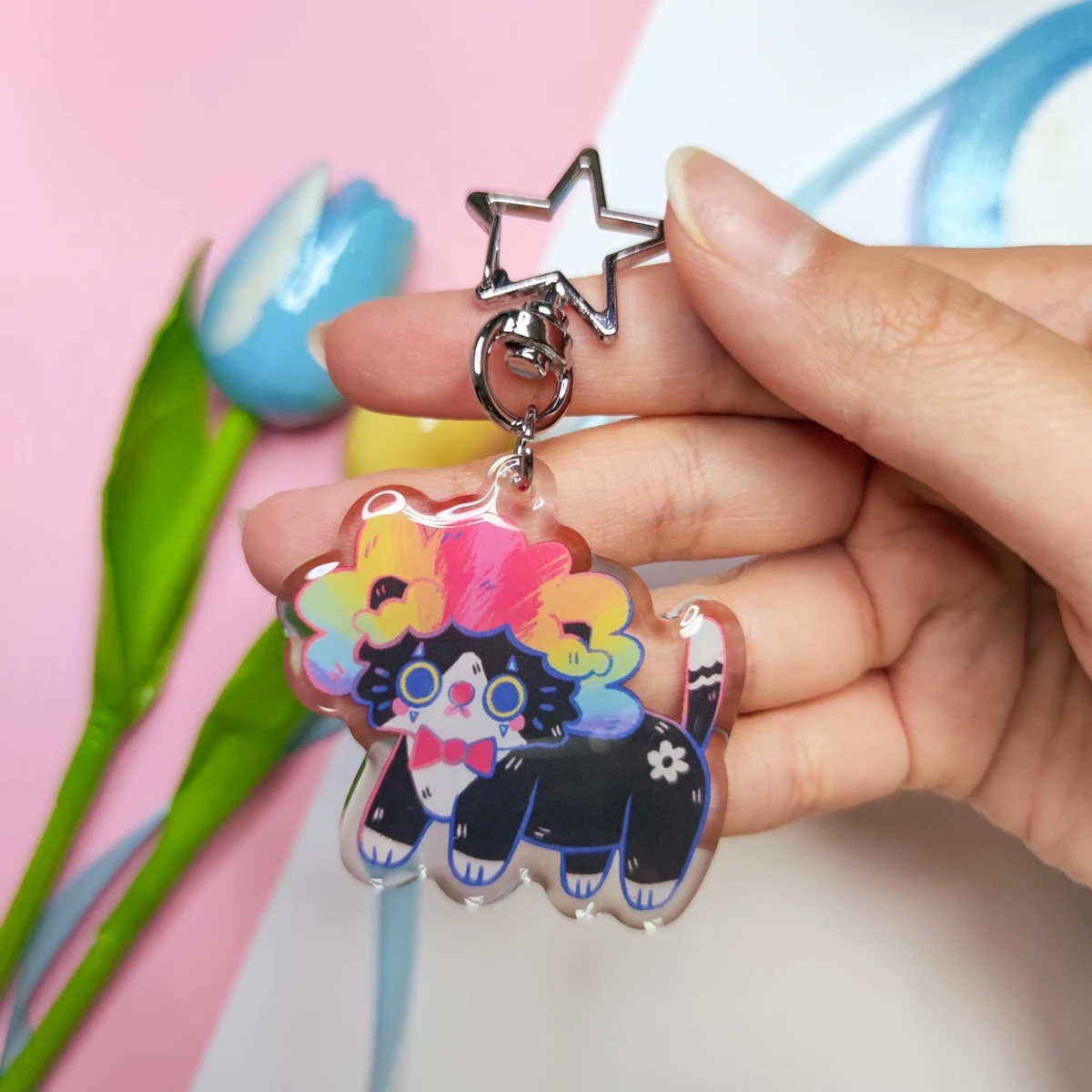 Clown Cat Keychain - Cute Funny Animal Epoxy Acrylic Charm - Star Ring