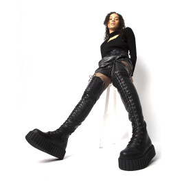 No Turnin' Back Chunky Thigh High Creeper Boots in Black