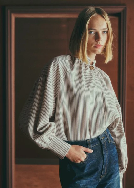 Chemise Analyne - Rayures Oxford Bleu Fond Beige