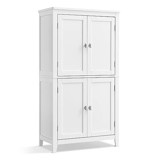 VASAGLE Armoire de Salle de Bain, Meuble de Rangement, Placard de Cuisine avec 4 Portes, Étagères Réglables, 30 x 60 x 110 cm, Blanc BBC552P31