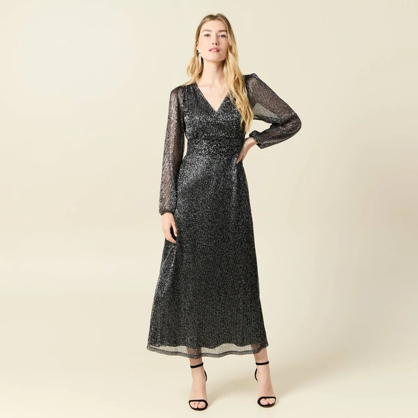 Robe longue fils métallisés noir femme