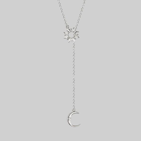 SOLSTICE. Sun & Moon Lariat Necklace - Silver