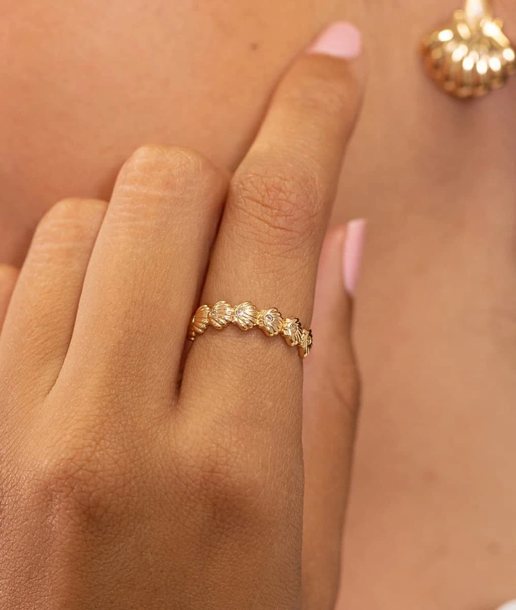 Bague fine coquillages et zircons Plaqué or