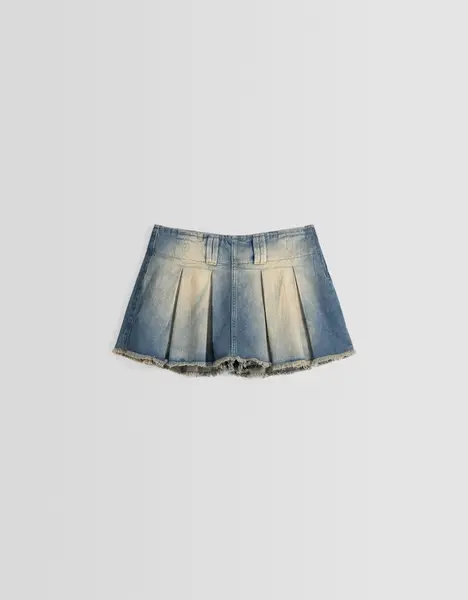 Jupe-culotte plissée denim effet délavé