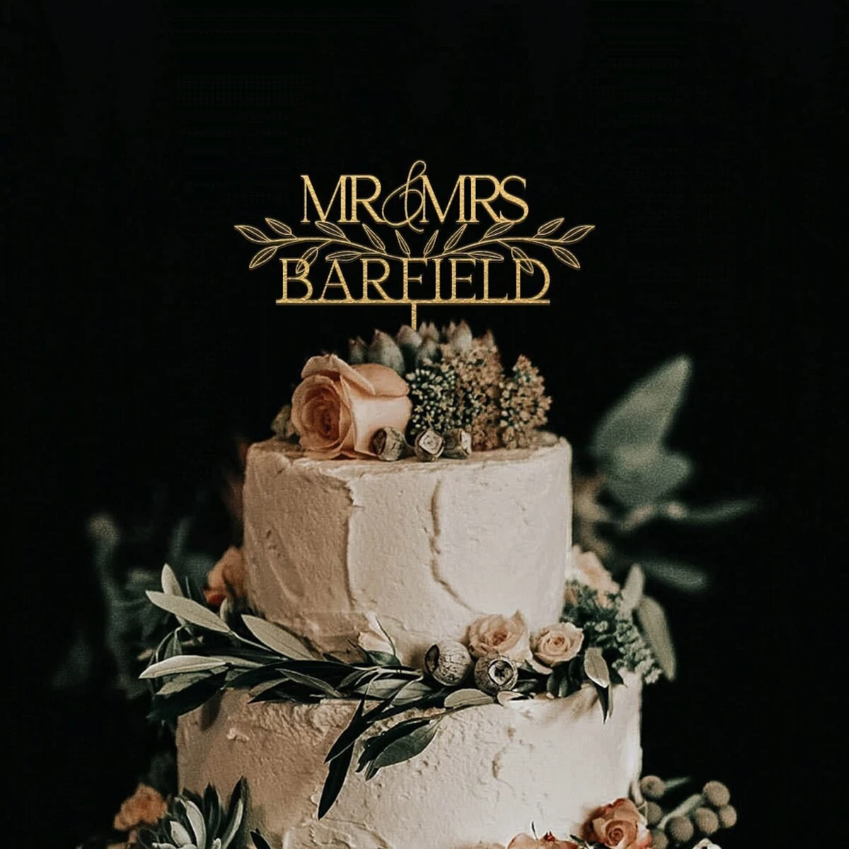Décoration de gâteau de mariage or rustique, décoration de gâteau floral pour mariage, décoration de gâteau M. et Mme, décoration de gâteau personnalisée, décoration de gâteau d'anniversaire