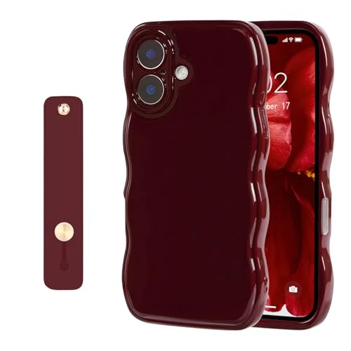 NITITOP Coque pour iPhone 16 Plus Mignonne Simple et Ondulée Bordeaux avec Dragonne Ajustable Poignée de Maintien en Main Femmme Fille Housse de Protection en Silicone Souple-Vine Rouge