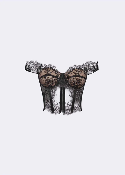 Black Floral Dentelle Off-Shoulder Bustier Corset - POEM