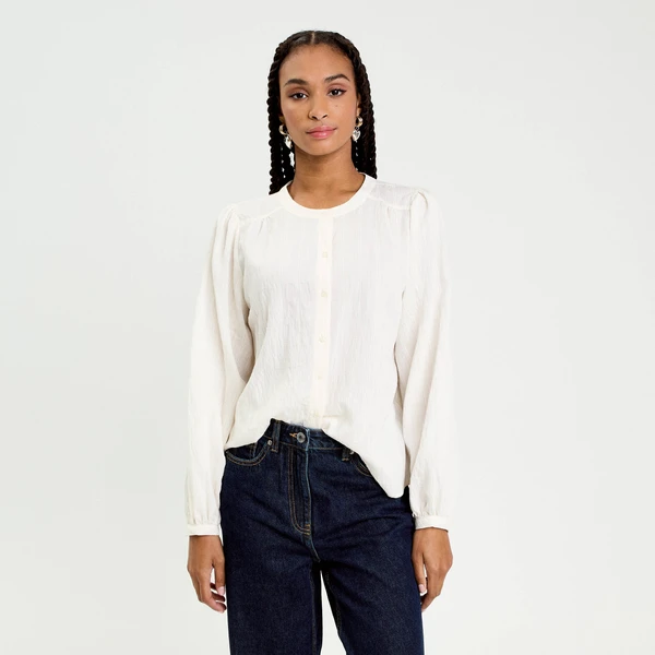 Blouse droite courte manches longues ecru femme