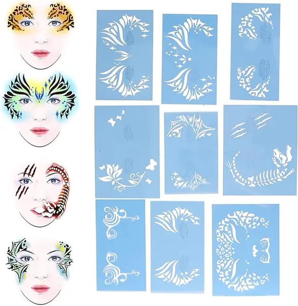9pcs Kit de Pochoirs de Peinture de Visage Ensemble de Peinture de Corps Modèle de Peinture Lavable Outil de Beauté de Maquillage Pratique Riche Réutilisé Halloween Fête de Vacances Cosplay Salon