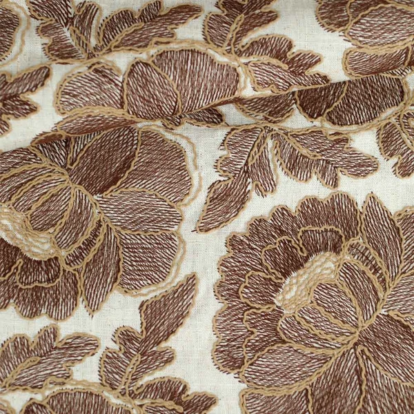 Tissu viscose et lin brodé beige à gros motif brodé floral chocolat | Tissu pour couture d'habits de poids moyen