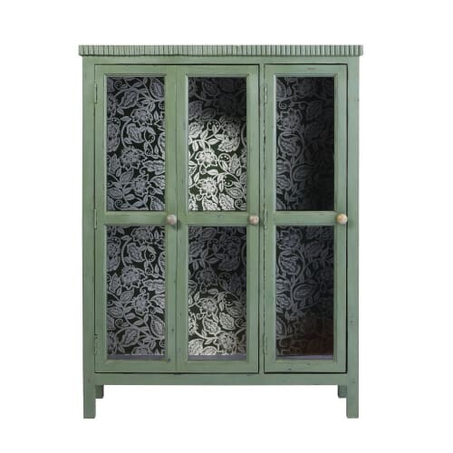 Vitrine 2 portes en acacia massif vert et verre trempé | Maisons du Monde