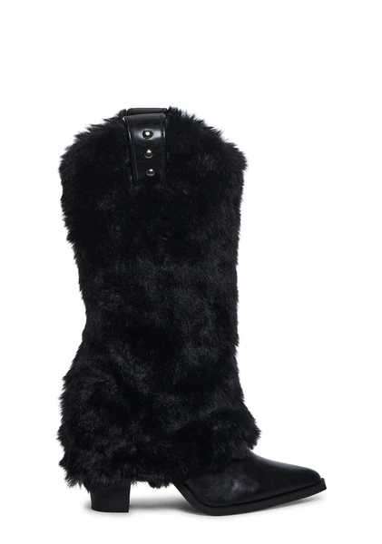 Current Mood Faux Fur Vegan Leather Cowboy Boots - Black