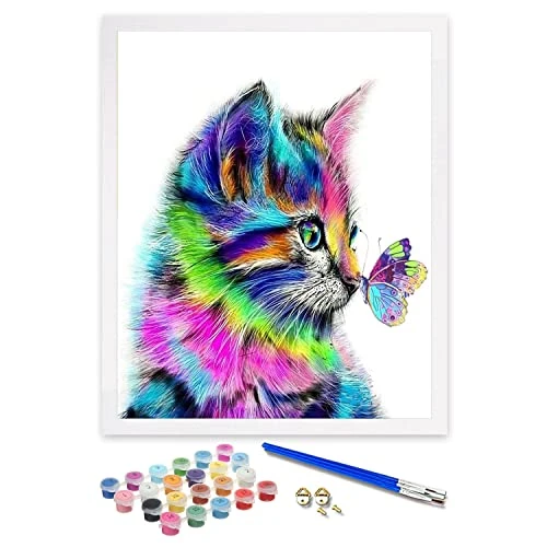 ifymei Peinture par Numero pour Enfant et Adulte, Loisirs Créatifs Activité Manuelle, Peinture Acrylique Kit de Dessin pour Filles et Garçons, Sans Cadre 40 x 50 cm - Animaux - Chat et Papillon