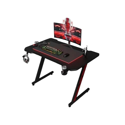 TRIUMPHKEY Bureau Gaming Desk,80x52CM Table de Jeu,PC Robuste Bureau d'ordinateur Ergonomique,Table Surface en Fibre de Carbone,Crochet pour Casque Porte-gobelet,Gamer en Forme de Z Moderne Cool Noir