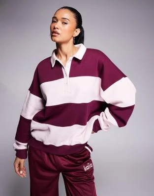 Kaiia - Sweat style polo de rugby oversize à rayures en coton majoritaire - Bordeaux et rose