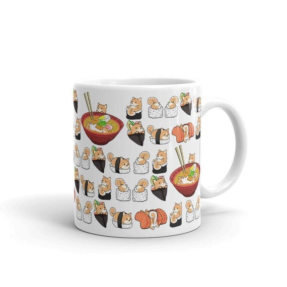 Shiba Inu Mug, Akita Inu Mug: Chubby Shiba Inu ou Akita Inu Sushi Pattern Illustration sur tasse en céramique Premium