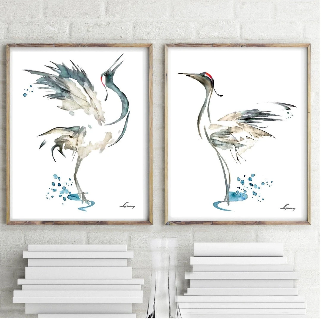 Crane Set 2 Watercolor Painting, White Gray Birds Art Print, Nature Animal Poster, Minimalist Art, Living Room Decor, Original Gift Idea