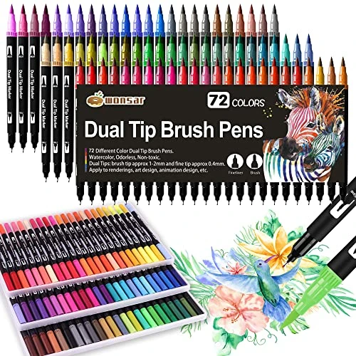 WONSAR Feutre Coloriage 72 Feutres Coloriage Adulte Enfant Brush Pen Stylo Aquarelle Pinceaux Marqueur pour Mandala, Bullet Journal, Dessin, Livre de Coloriage, Pointe Pinceau et Pointe Fine