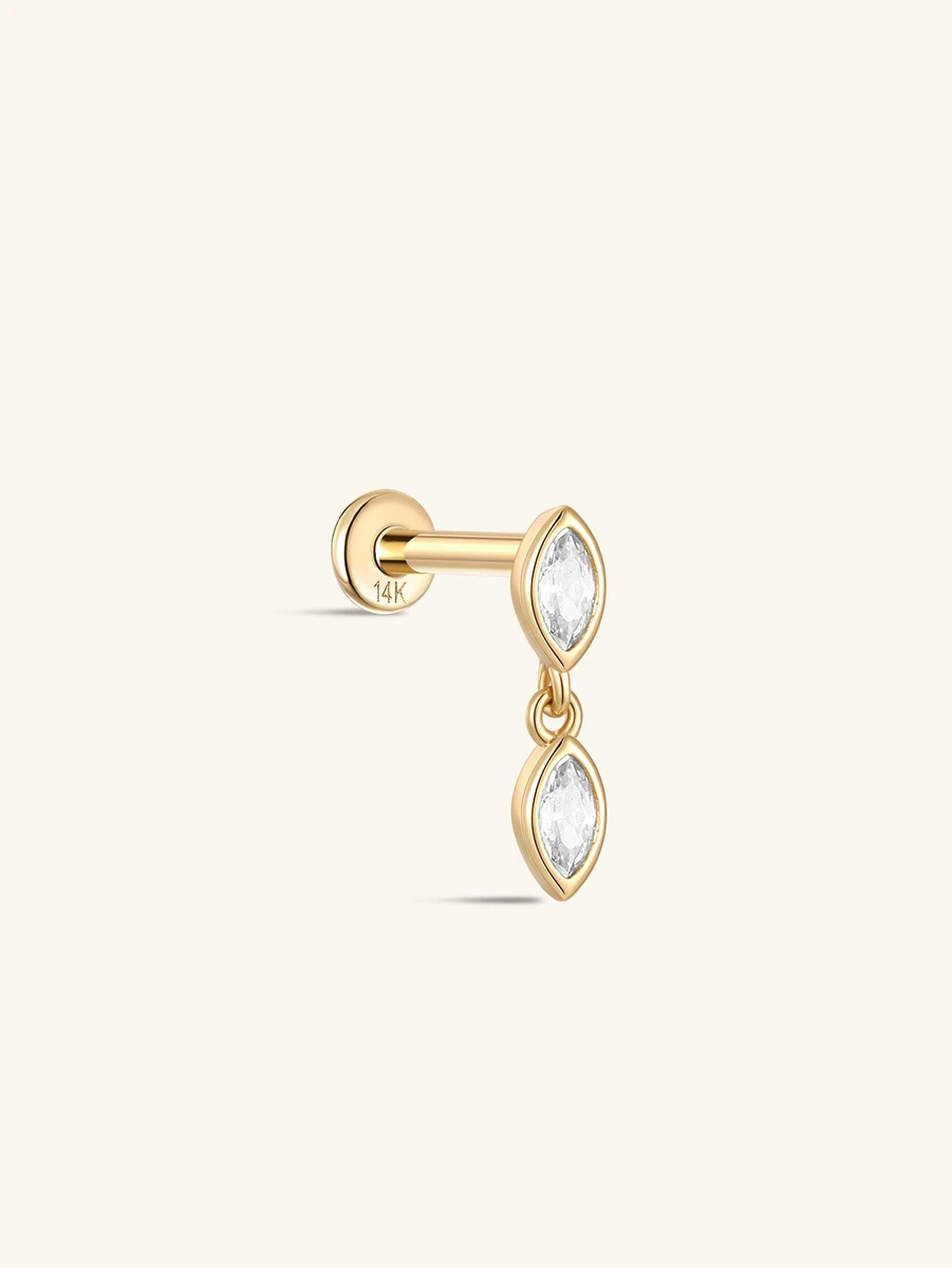 Clou de Piercing d’Oreille en Or Massif 14K avec Zircon Taille Marquise en Sertissage Clos