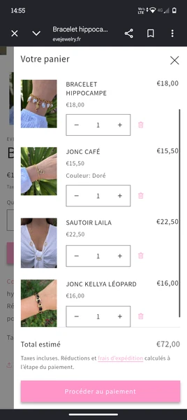 Bracelet hippocampe, Jonc café, Sautoir lila,Jonc Kellya Léoard