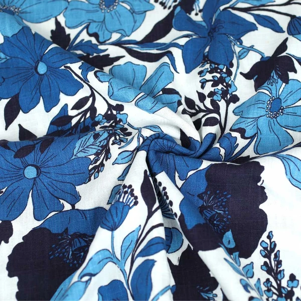 Tissu lin et viscose Léa à motif grosses fleurs bleu | Tissu pour couture d'habits fluide