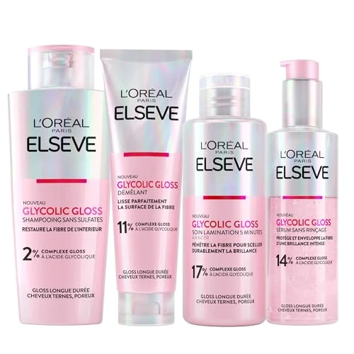 L'Oréal Paris Elvive Glycolic Gloss Après-Shampooing 150ml + Shampoing 200ml + Sérum Sans Rinçage 150ml + Traitement de Laminage 5 Minutes 200ml pour Cheveux Ternes et Poreux - 4 Flacons