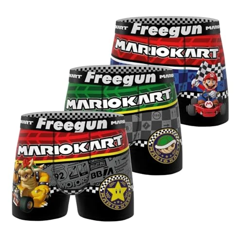 3 FREEGUN Boxer Enfant Mario Kart, Caleçon Garçon, Confortable & Ultra-Doux (Lot de 4), Rouge Taille 10 ans/12 Ans
