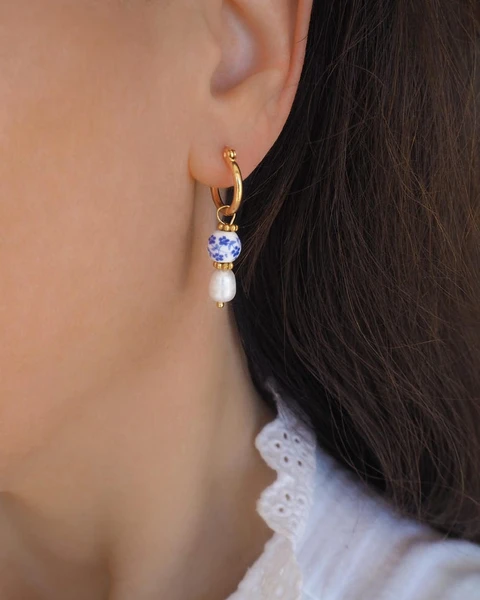 Azulejo Pearl Drop Earrings - Portuguese Inspired Azulejo Ceramic Tile Beads - Gold or Silver - Handmade Jewelry from Portugal