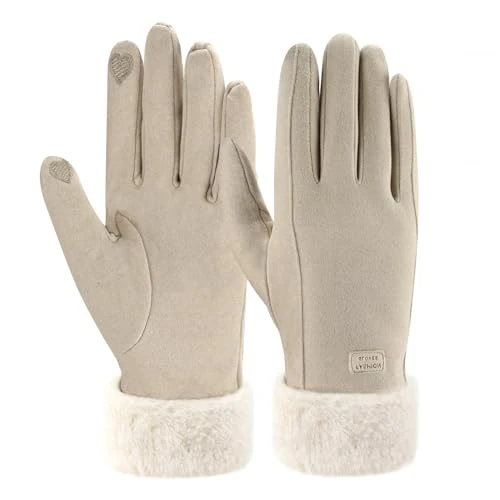 ZASFOU Gants d'hiver chauds pour femme avec texte en polaire thermique,Beige,L