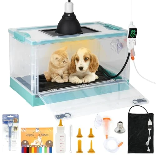 MUYIRTED 55L Incubateur pour Animaux de Compagnie pour Chiots et Chatons Nouveau-Nés avec Nébuliseur, Coussin Chauffant à Température Réglable et Lampe Chauffante 75w, Incubateur pour Petits Animaux