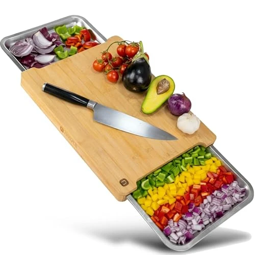naturlik Planche a decouper avec bac recuperateur magnétique - en bambou de haute qualité - avec tiroir - Planche en bois de cuisine