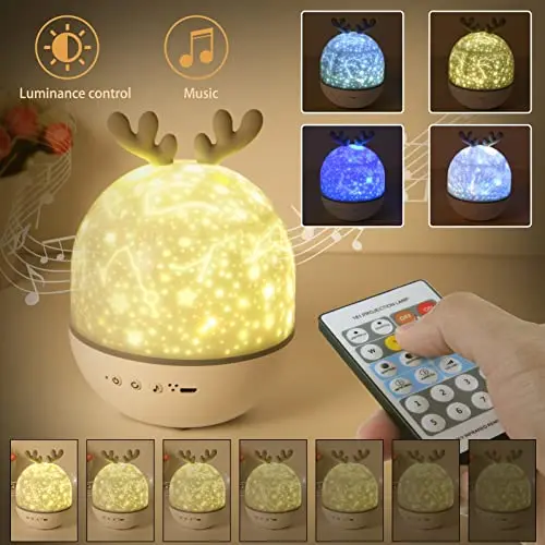 URAQT Veilleuse Enfant Lampe Etoile Projecteur, 360°Rotation Musicale Veilleuse + Minuterie + Télécommande + 6 Couleurs, LED Rechargeable Veilleuse Ciel Etoilé Bébé pour Anniversaire Noël Cadeau