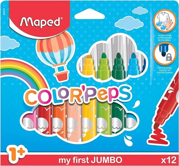 Maped Color'Peps Gros Feutres de Coloriage Premier âge pour Bébé et Enfant dès 1 an avec Pointe Sécurisée et Encre Lavable à l'eau - Boîte de 12 Feutres Jumbo Assortis 846020 29 x 20 cm