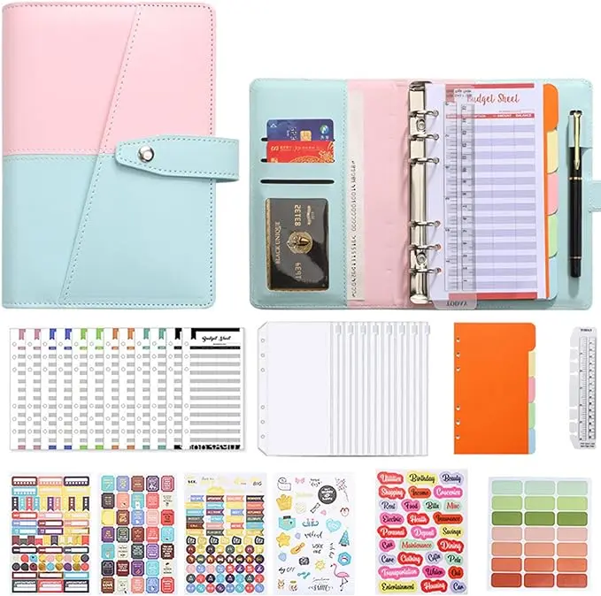 Classeur Enveloppe Budget A6,COLAND 37Pcs Budget Planner. 12 PVC Enveloppe Budget,12 Feuilles de Budget 1 Règle 5 dividers, personnaliser autocollants.économiser de l'argent Budget Planner