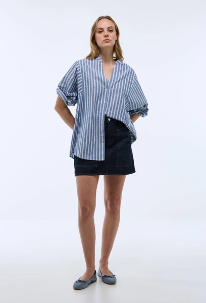 Blouse manches longues rayée en coton et lin