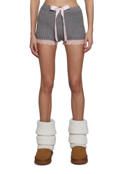 Stretchy Ribbed Acrylic Knit Satin Bow Shorts Sugar Thrillz - Gray